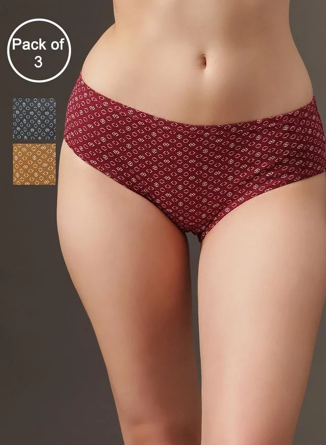 Clovia Pack of 3 - Mid Waist Printed Hipster Panties - 100% Cotton